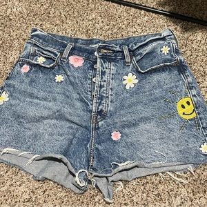 Embroidered Sky Hi A-Line Jean Shorts